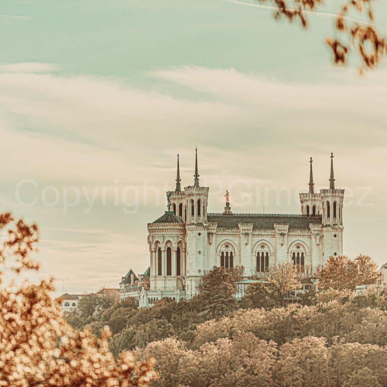 Une grande cathédrale de style gothique avec de hautes flèches s'élève au-dessus d'arbres aux couleurs automnales sous un ciel doux et pastel. Parfait pour un photographe sur Lyon à la recherche d'une toile de fond sereine et vintage, encadrée par des feuilles floues au premier plan.