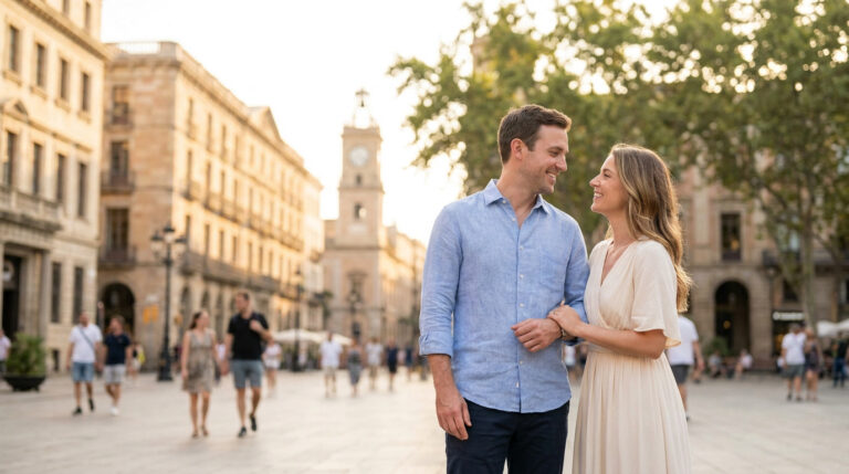 Shooting photo de couple à Lyon : couple souriant dans les rues de la ville