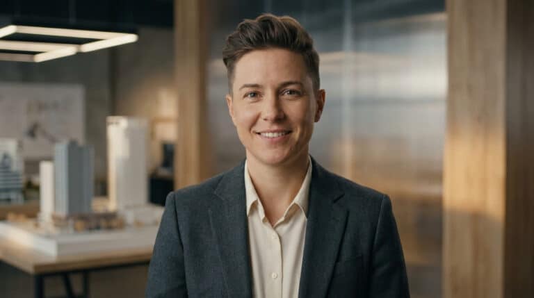 Homme souriant en tenue professionnelle, portrait d'architecte avec immeubles en arrière-plan flou