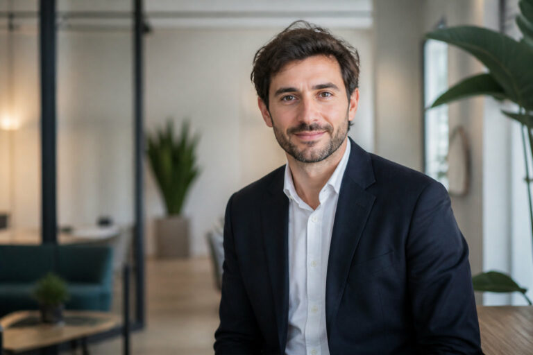 Homme d'affaires souriant, portrait en intérieur