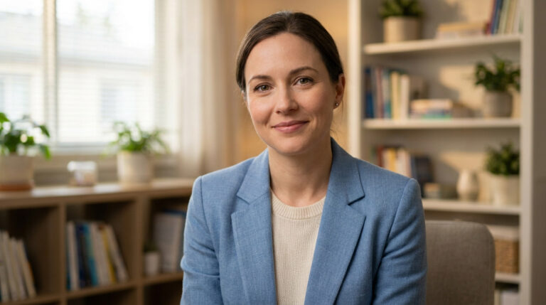 Femme souriante avec bienveillance, portrait dans un bureau avec bibliothèque